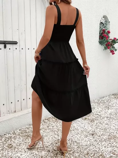 Dokuma Ayarlanabilir Askılı Siyah Kısa Elbise 