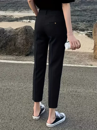 Yüksek Bel Esnek Kumaş Dar Kesim Siyah Kadın Pantolon