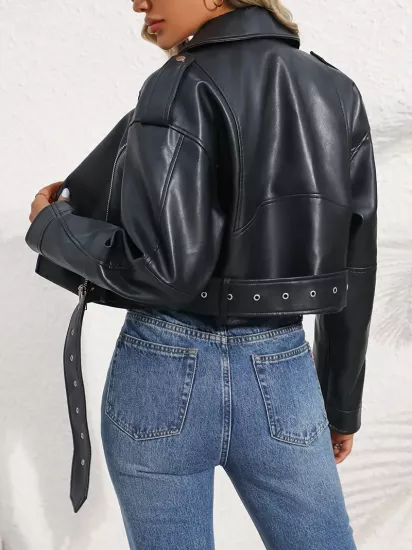 Hakiki Deri Düğmesiz Siyah Kadın Ceket