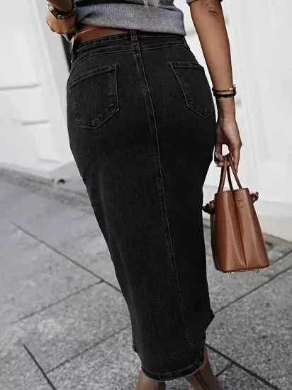 Klasik Düz Günlük Kullanım İçin Siyah Kadın Jean Etek