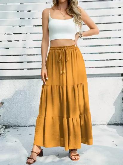 Bol Kesim Düz Renk Yırtmaçlı Turuncu Kadın Kumaş Etek