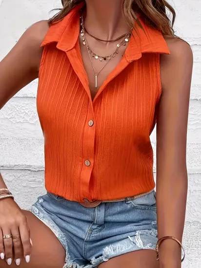 V Yaka Kıvrımlı Kısa Kollu Turuncu Kadın Bluz