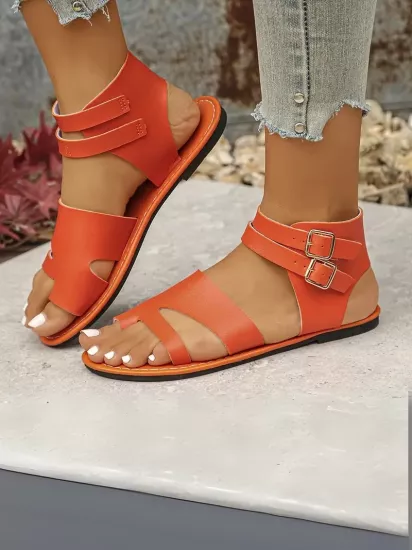 Toka Kayışlı Açık Burunlu Kauçuk Taban Zarif Turuncu Kadın Sandalet