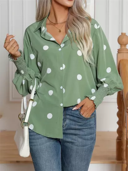 Kısa Kollu Nokta Desenli Yeşil Kadın Gömlek