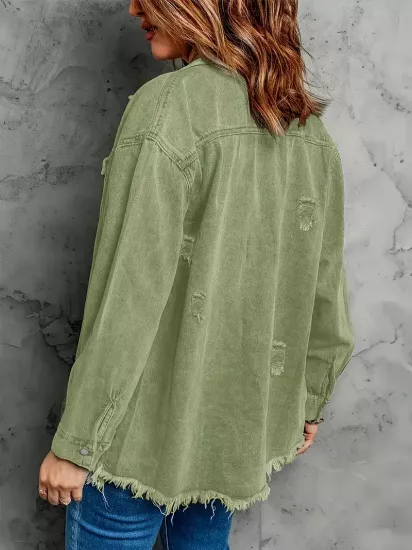 Klasik Şehirli Tarzda Yırtmaçlı Yeşil Kadın Uzun Jean Ceket