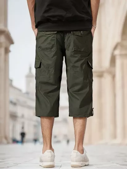 Çoklu Fermuarlı Cep Detaylı Taktik Kargo Pantolon Pamuk Karışımı, Esnek Bel Bantı, Düğmeli Kapama Erkek Şort
